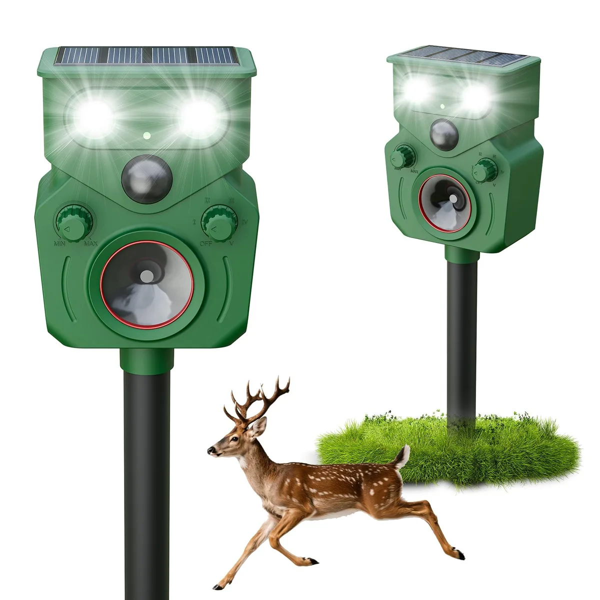 Two green plastic garden stakes with solar panels and motion sensors