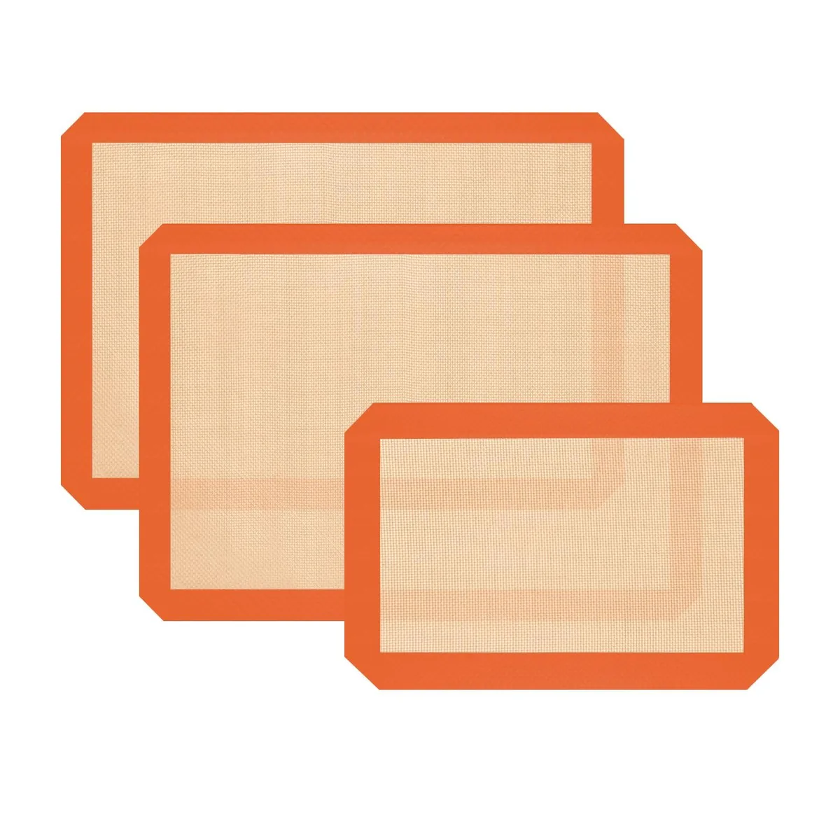 Three orange silicone baking mats, two large and one small, rolled or flat, 0.7 mm thick