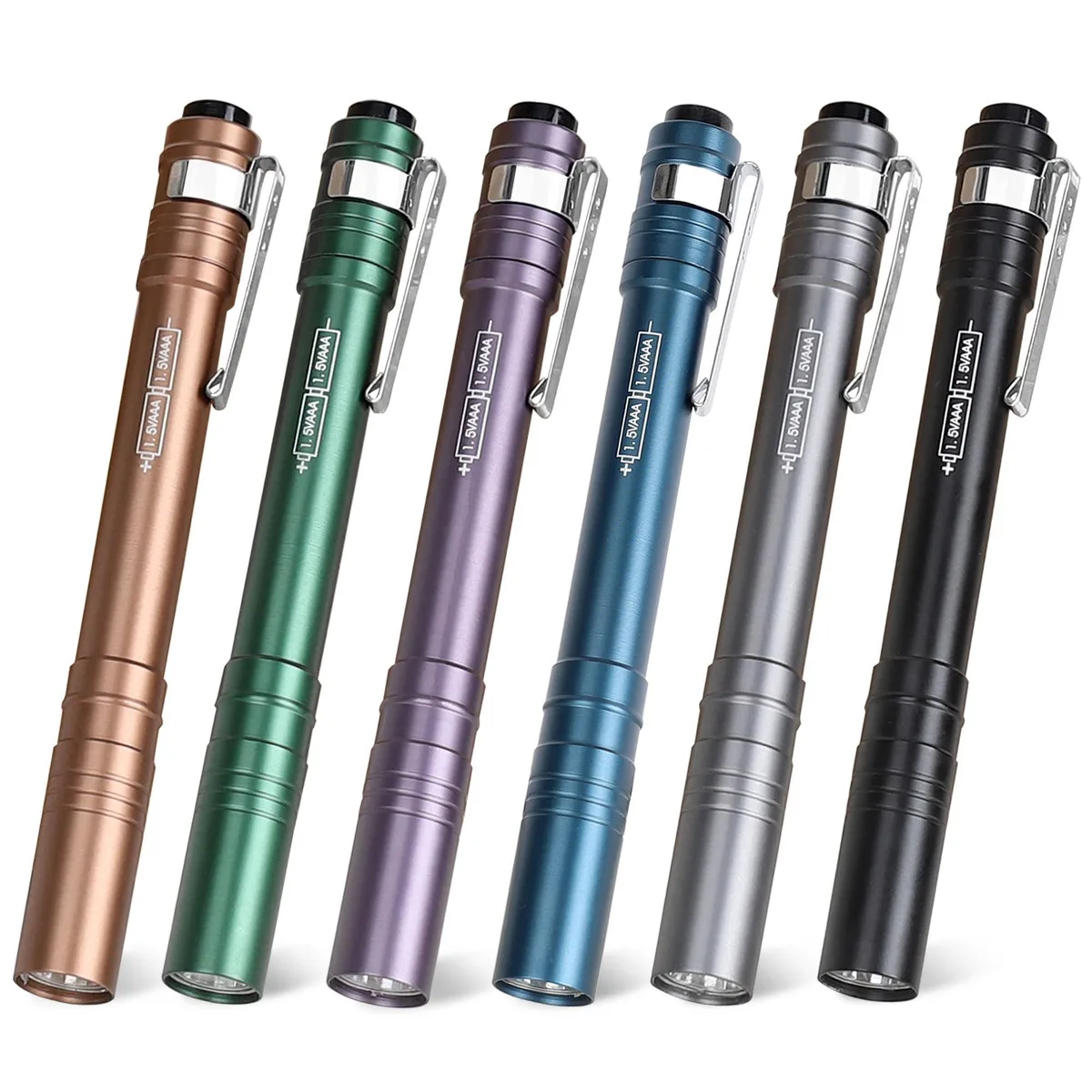 Six black anodized aluminum penlights with metal pocket clips in a row
