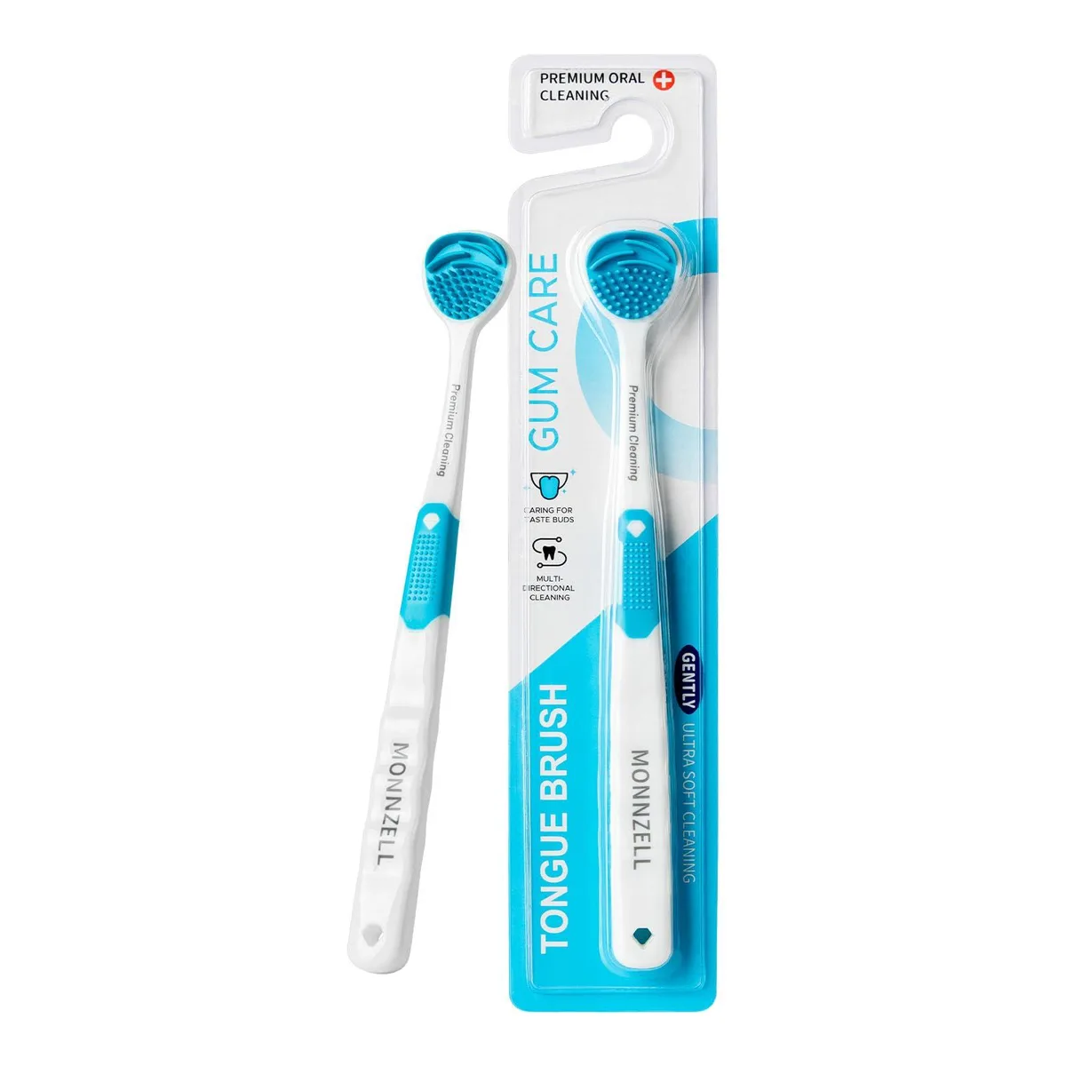 White silicone tongue scraper and brush with flexible bristles, dual-action head, long handle