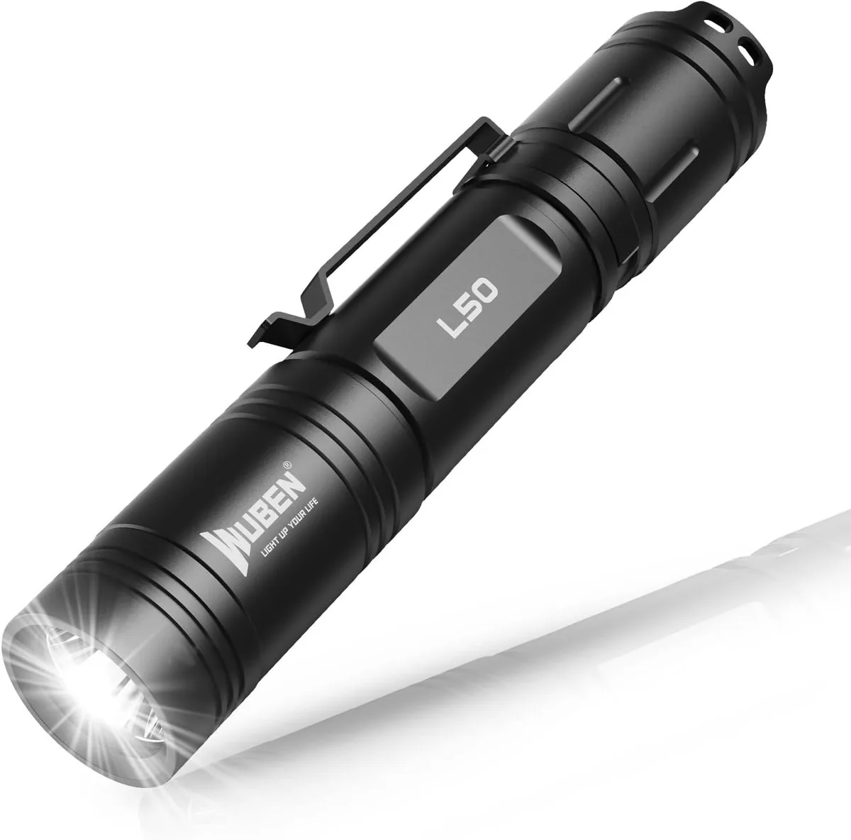 Silver cylindrical flashlight with USB port and tail switch