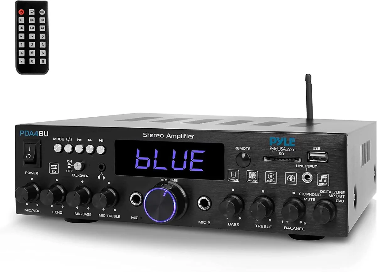 Silver rectangular stereo receiver with front panel controls and rear connection ports