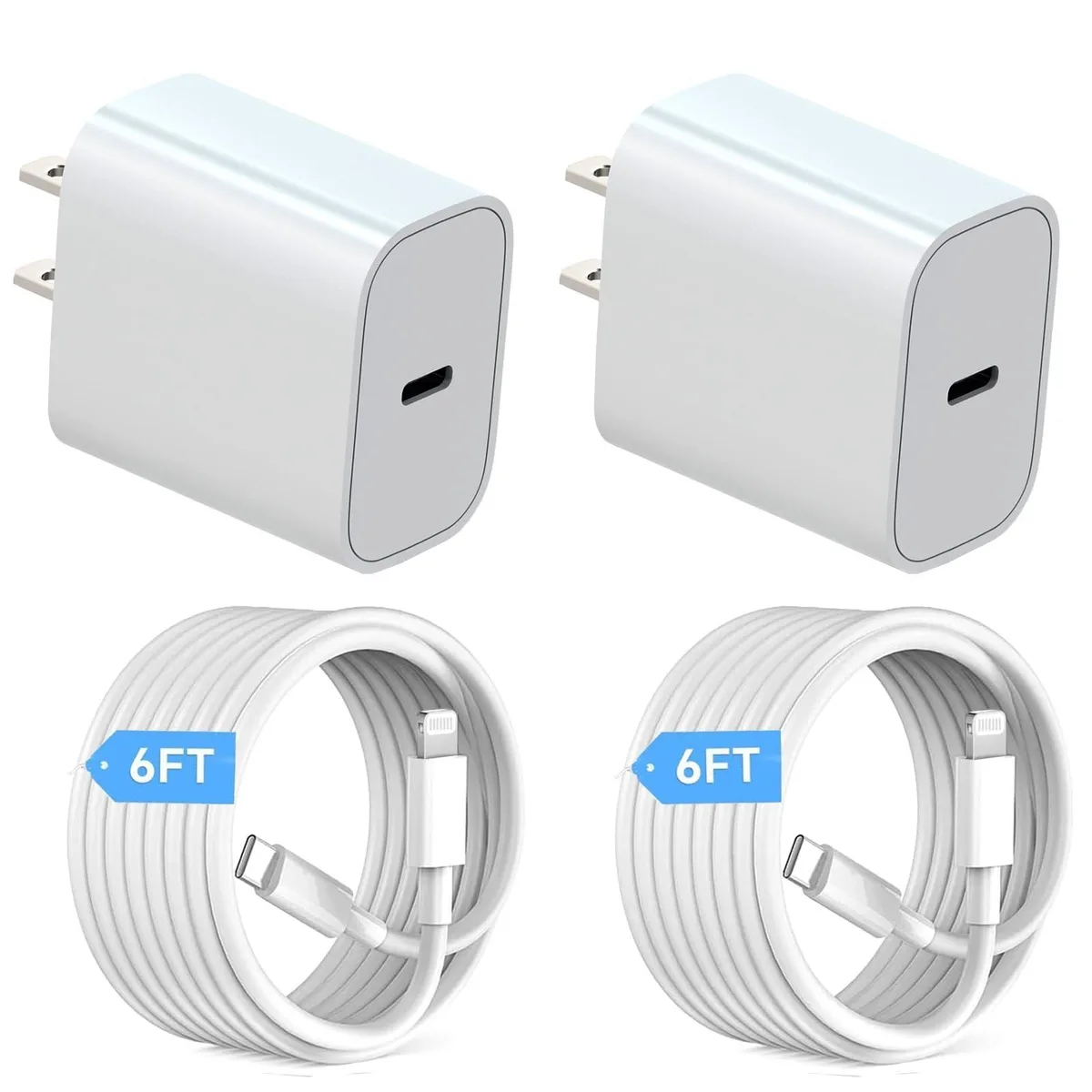 White compact USB-C wall charger with two long white Lightning cables coiled beside it