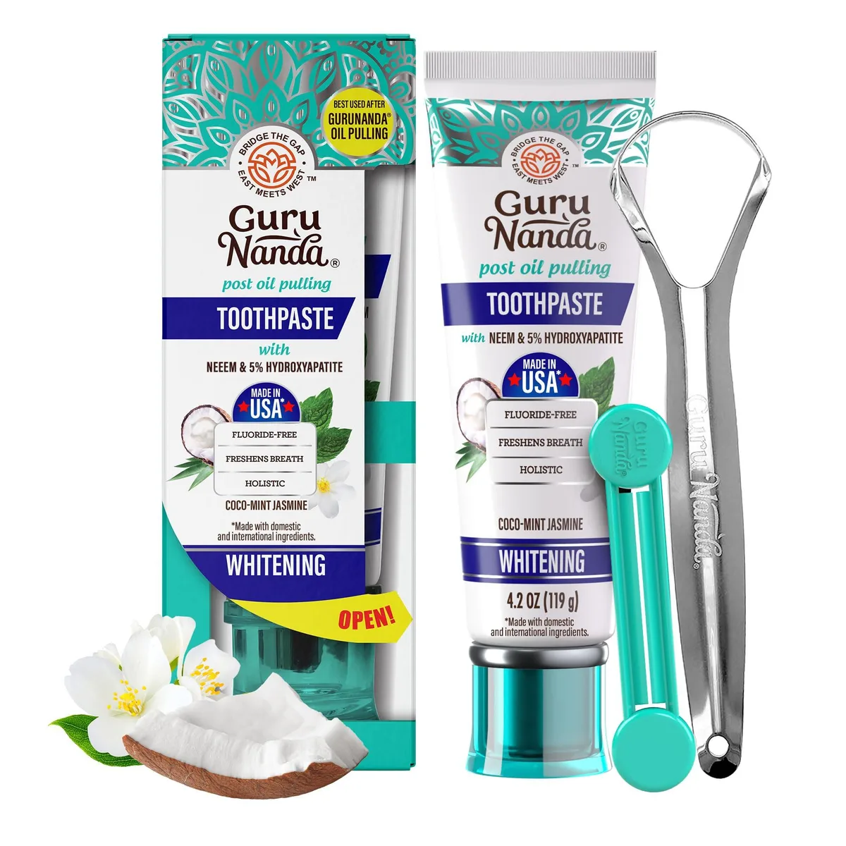 White 4.2oz toothpaste tube with green cap and tongue scraper