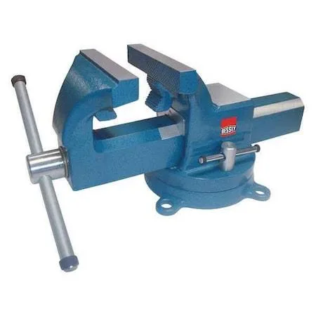 Grey cast-iron bench vise with swivel base, serrated jaws and pipe jaws