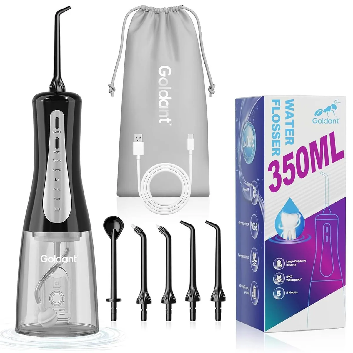 Black cordless water flosser with 350ml tank, non-slip grip and travel bag