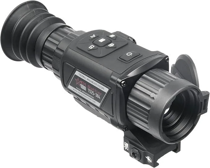 Compact matte-black thermal riflescope with objective lens and eyepiece