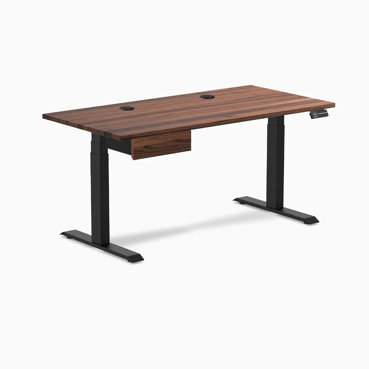 Desky Desky Dual Hardwood Standing Desk Walnut 60 x 30 inches with Drawer Matte Black — product photo