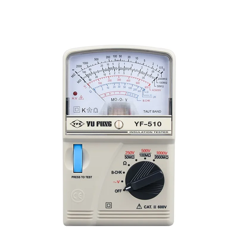 Red handheld insulation tester YF-510 with analog pointer display and test leads