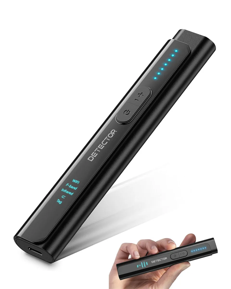 Small rectangular handheld detector with matte finish, pocket sized