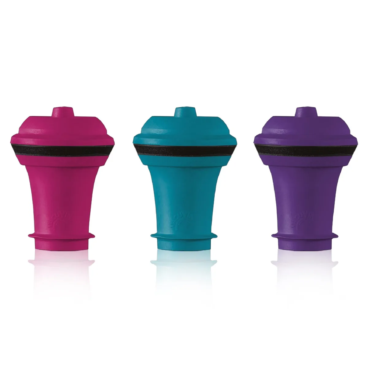 Three conical rubber wine stoppers in pink blue purple