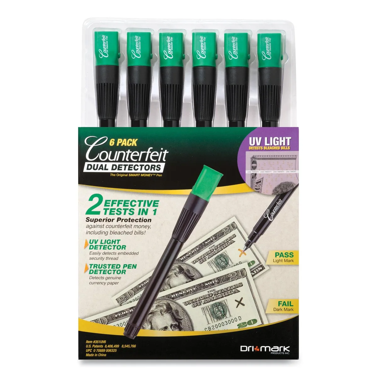 Dri Mark 351UV-6 counterfeit detector kit with UV light cap and three pens