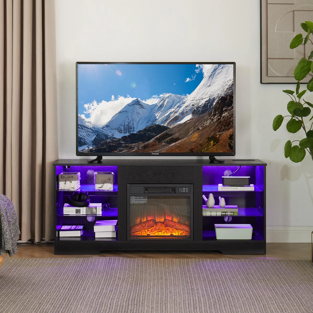 tuphen tuphen 58" TV Stand with 18" Electric Fireplace Black 58W×15.4D×24.4H — product photo