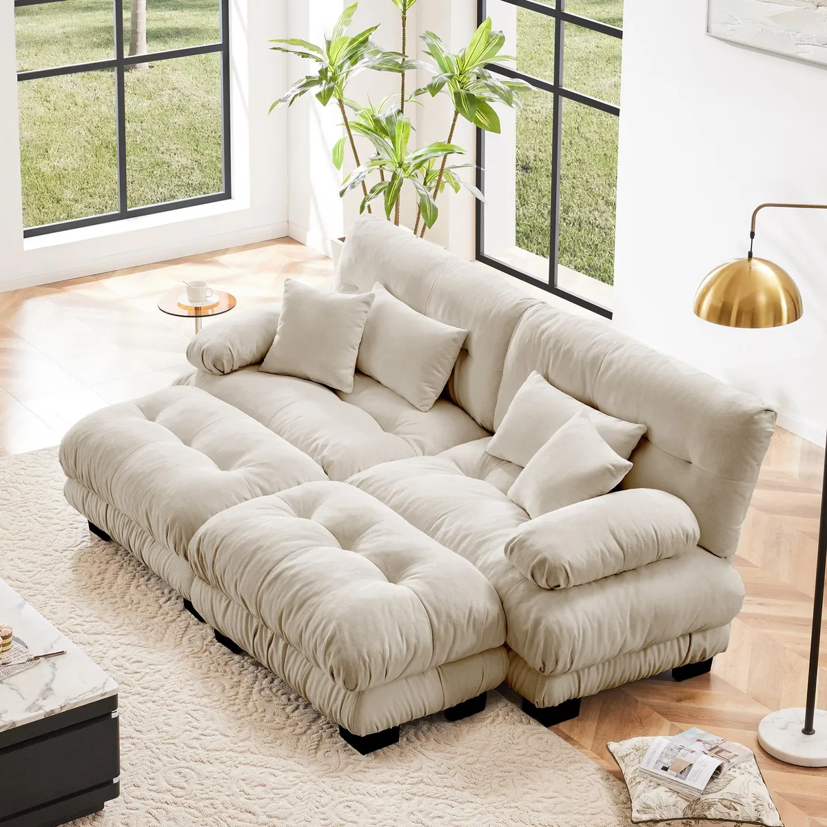 Light coffee chenille two-seater sleeper sofa with wide arms two ottomans and four pillows