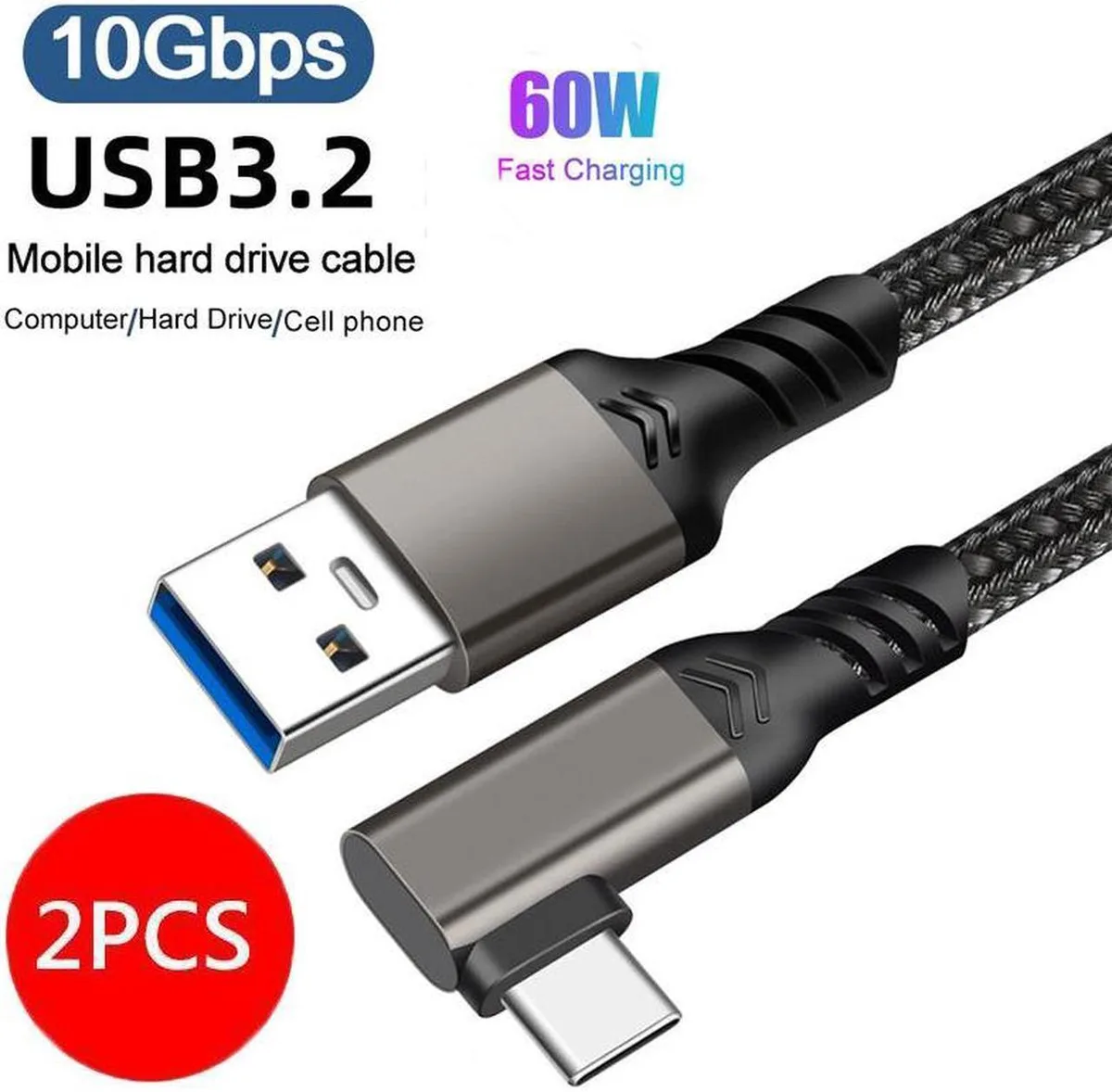 SMUGDESK SMUGDESK USB 3.2 Gen 2 A to C 90° Braided Cable 3.3ft 2-Pack — product photo