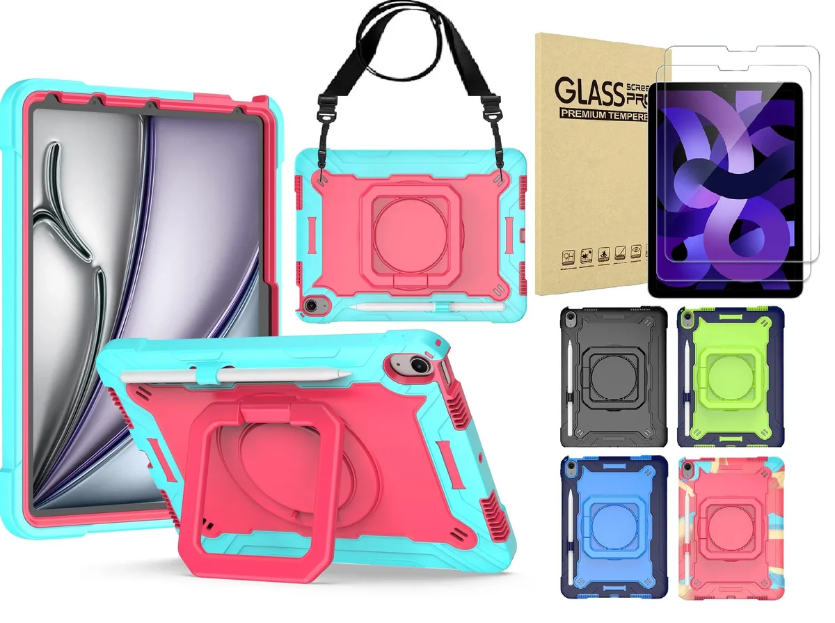anicestore anicestore iPad Air 10.9" Rugged Case with Rotating Stand, Shoulder Strap &amp; 2 Glass Protectors (Cyan) — product photo