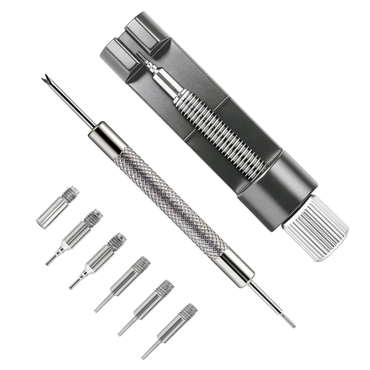 Gray watch link removal kit with remover tool, spring bar tool, hammer tool and spare pins