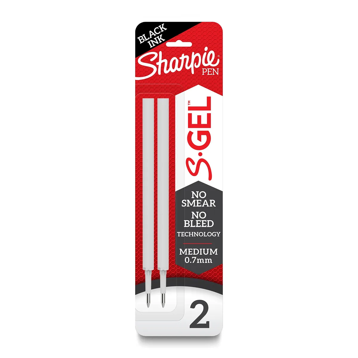 Clear plastic pack holding twelve black gel ink refills with medium point tips