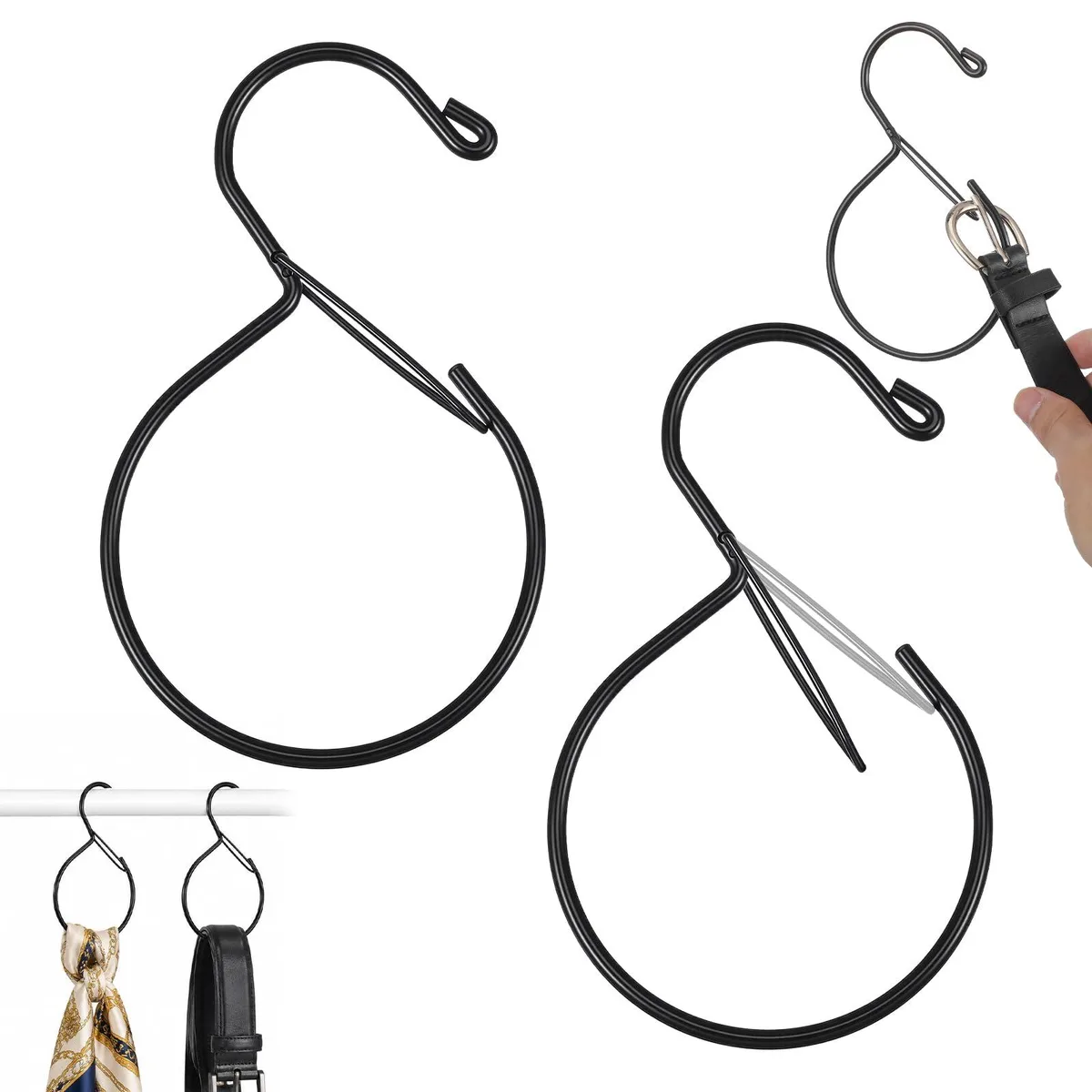 Two black metal S-shaped belt racks with swivel hooks, 6.3 by .8 by .4 inches each
