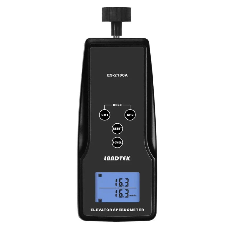 Red handheld elevator speedometer with LCD display and circumferential ring in carrying case
