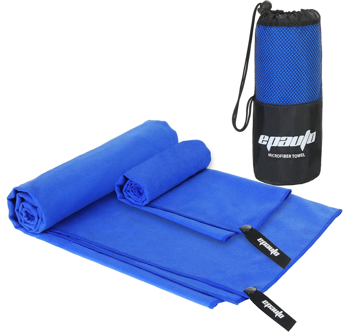 Two blue microfiber towels folded inside a mesh carry bag