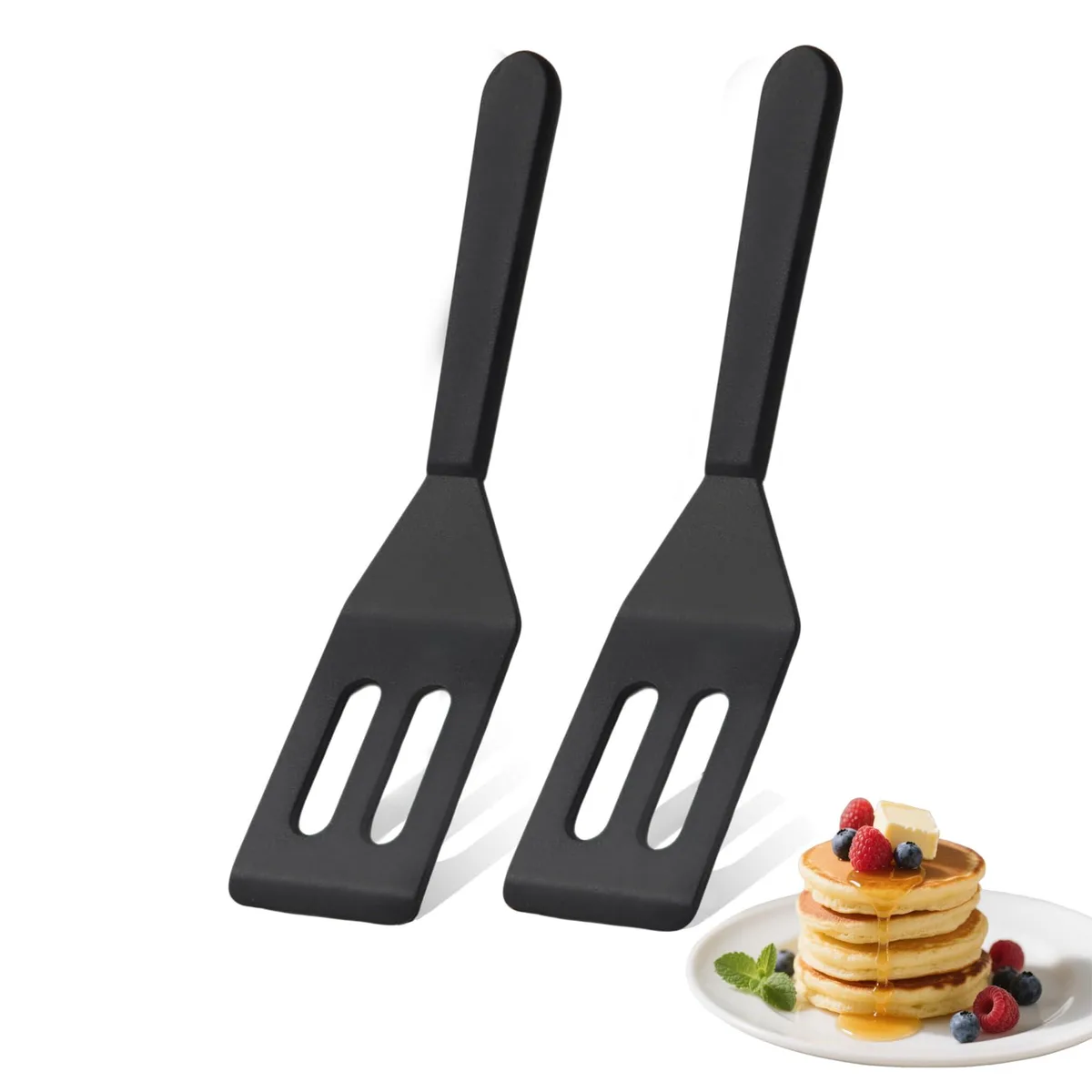 Two black rectangular silicone spatulas with slotted heads and ergonomic handles