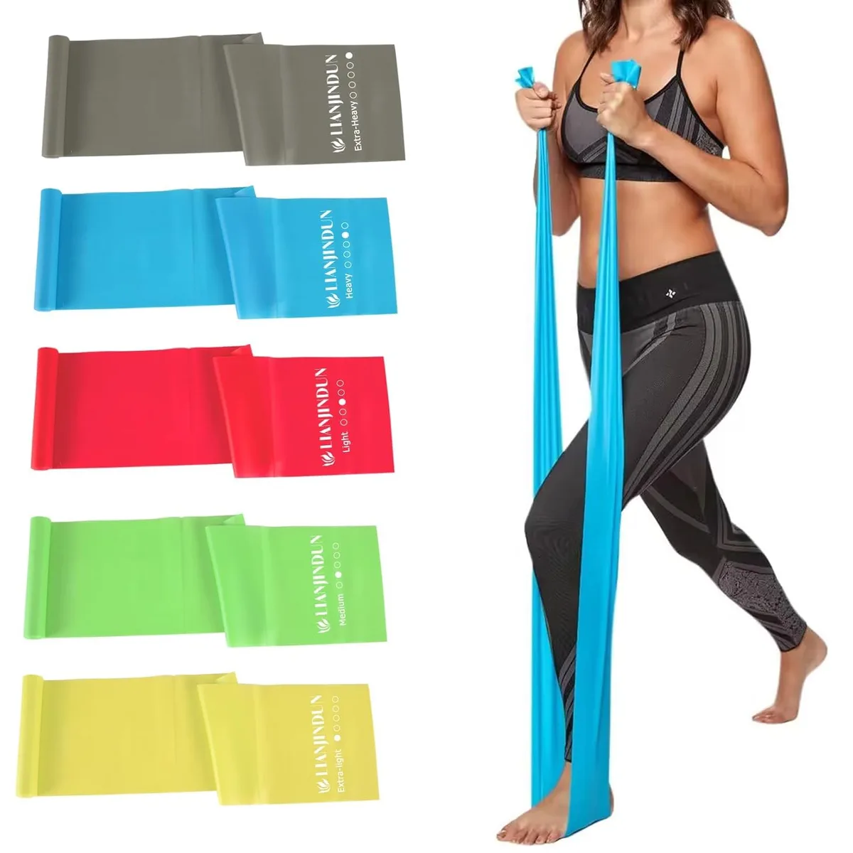 Five flat TPE resistance bands in yellow, red, green, blue and grey, each 4.9 ft long and 6 inches wide
