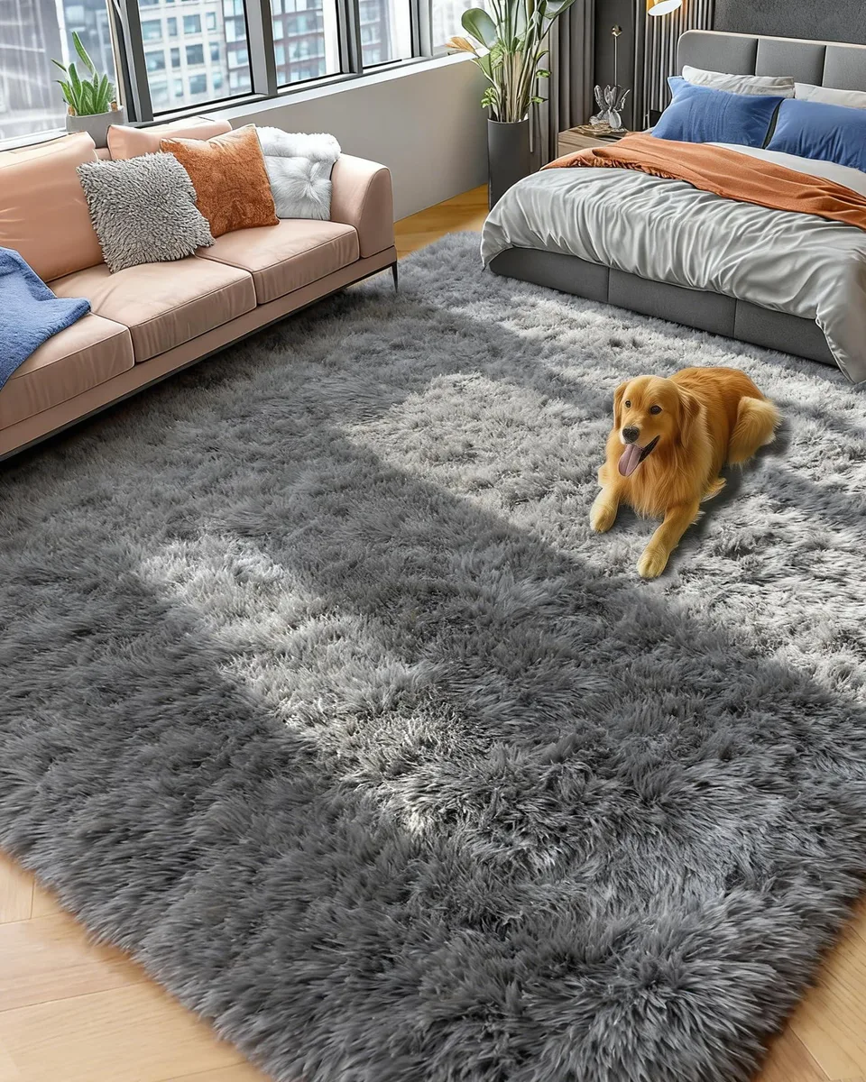 Rectangular grey shag rug with 1.4 inch pile and rubber backing
