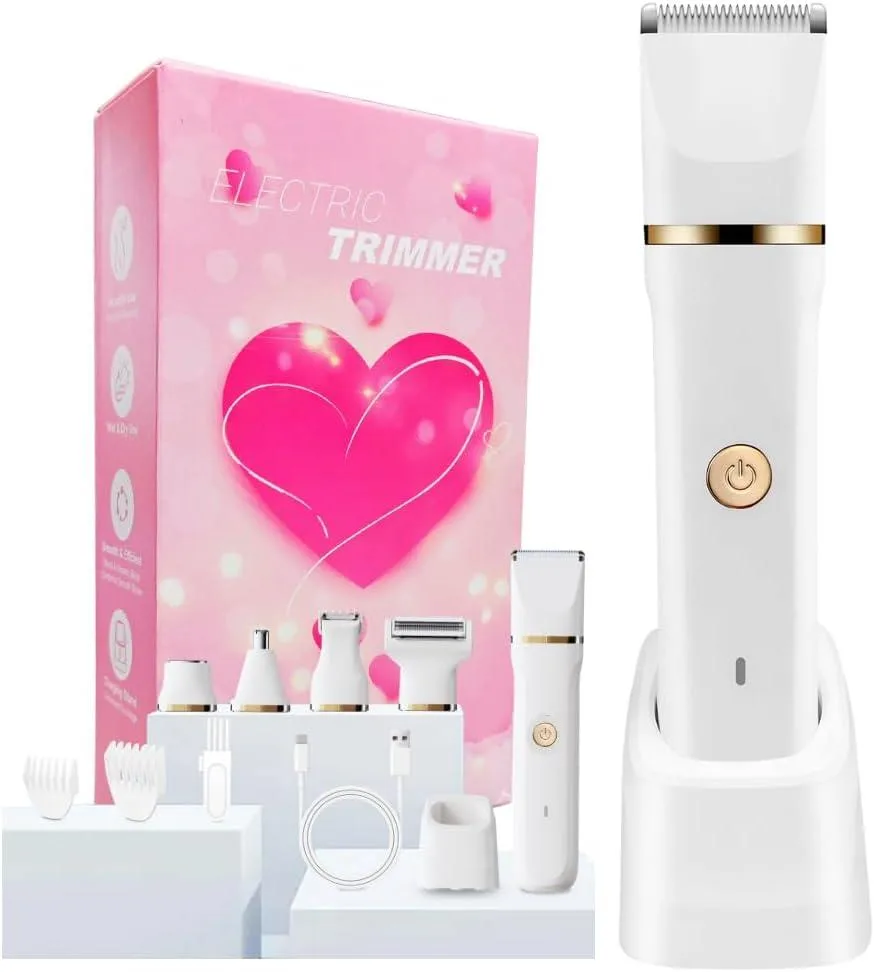 Pink cordless bikini trimmer with five interchangeable heads