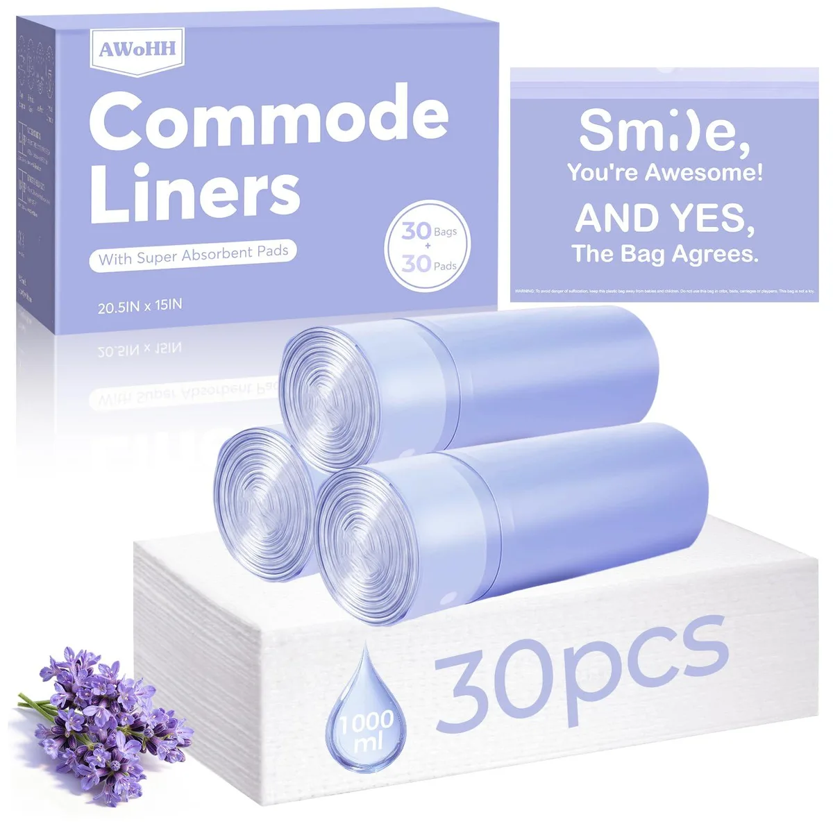 Box of 30 lavender-scented commode liners with absorbent pads