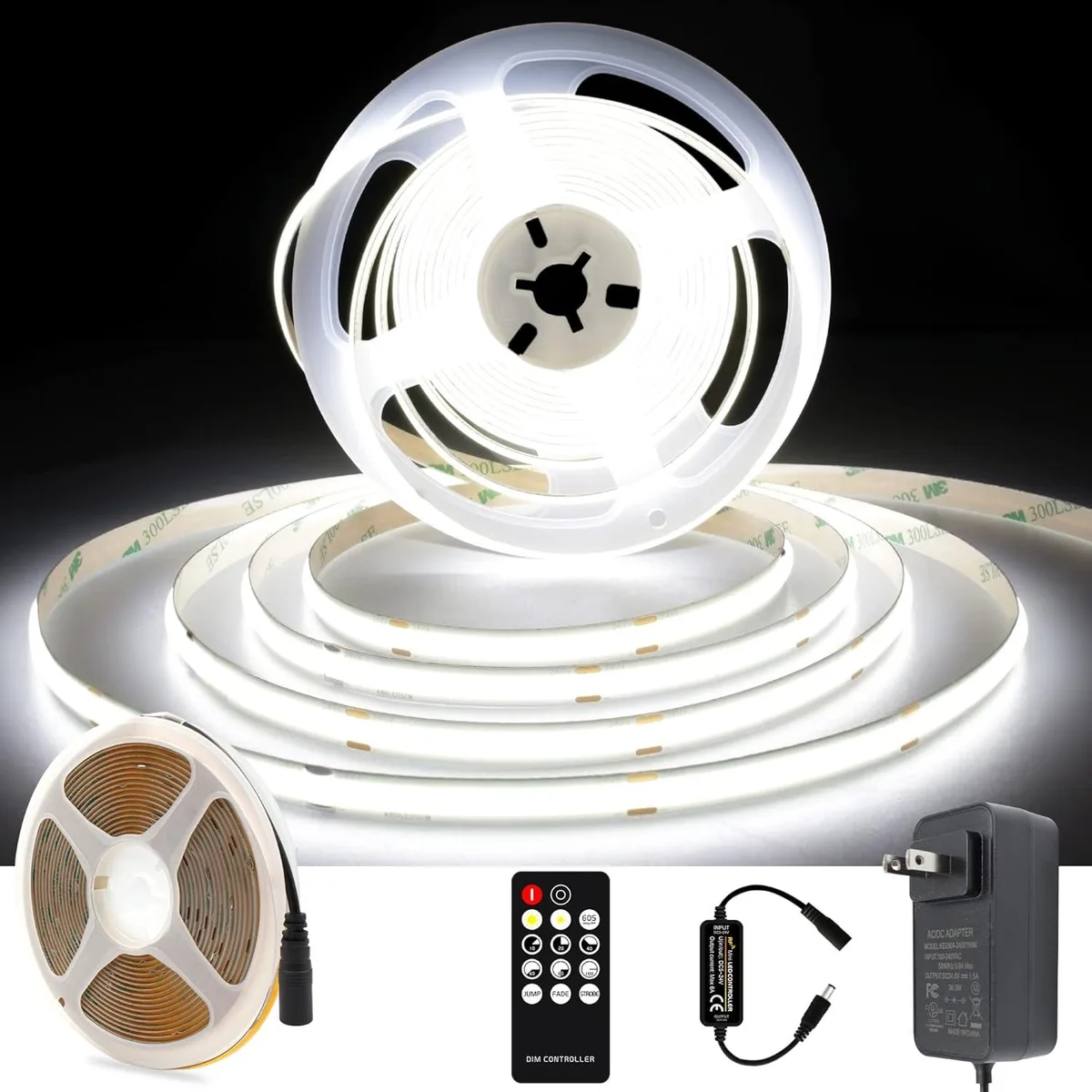 White COB LED strip on reel, 16.4 ft length, 2400 LEDs, 6000K daylight finish