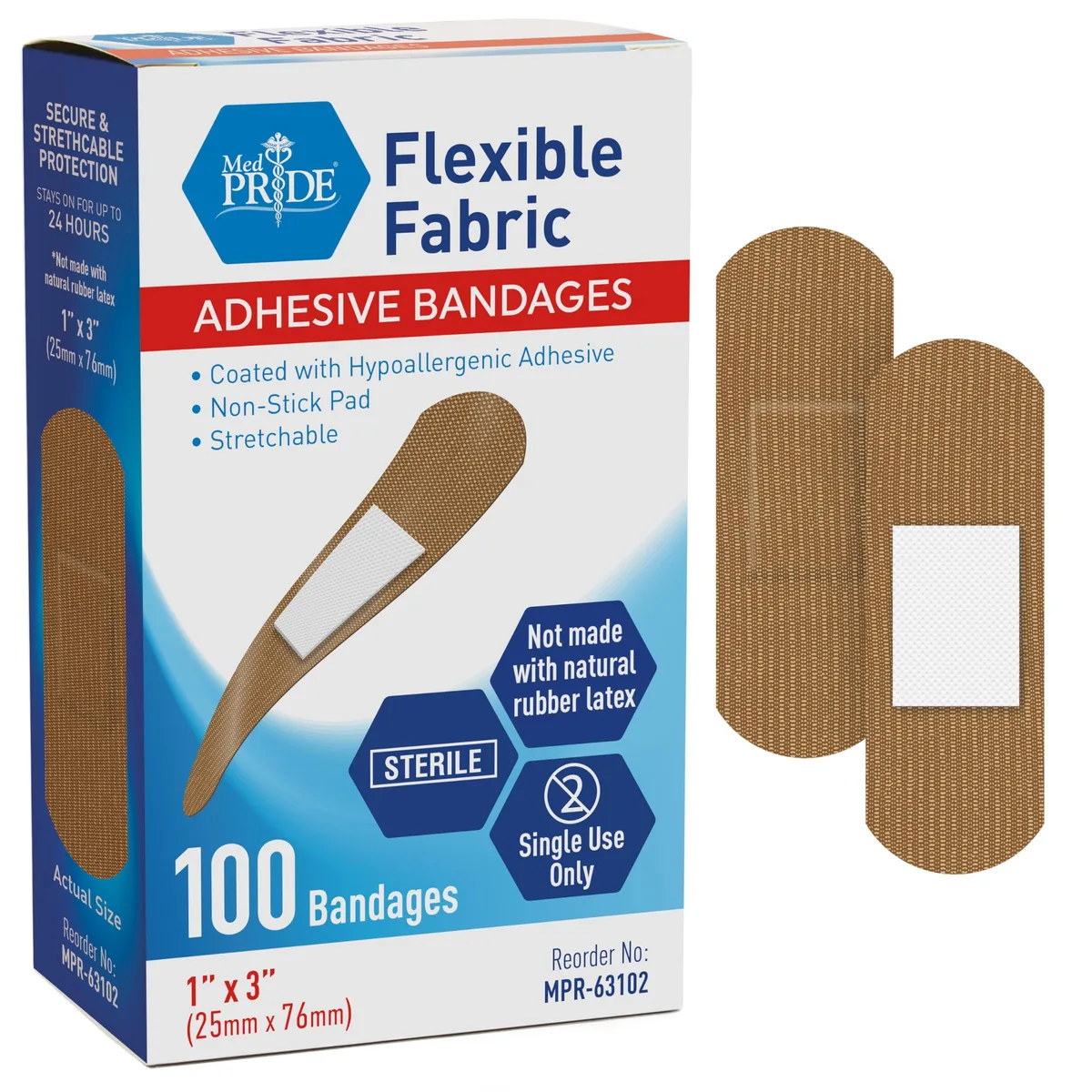 Box of one hundred sterile fabric bandages, individually wrapped, hypoallergenic adhesive, assorted sizes