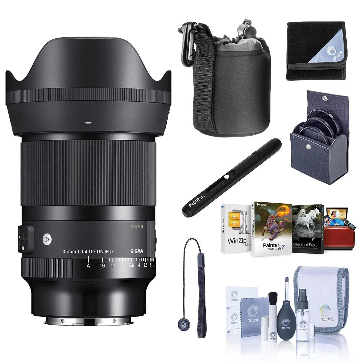 Black cylindrical mirrorless prime lens with petal hood, silver mount, 67mm filter thread, bundled case and cleaning kit