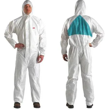White hooded disposable coverall with elastic ankles, knit cuffs, two-way zipper, partial breathable back, anti-static