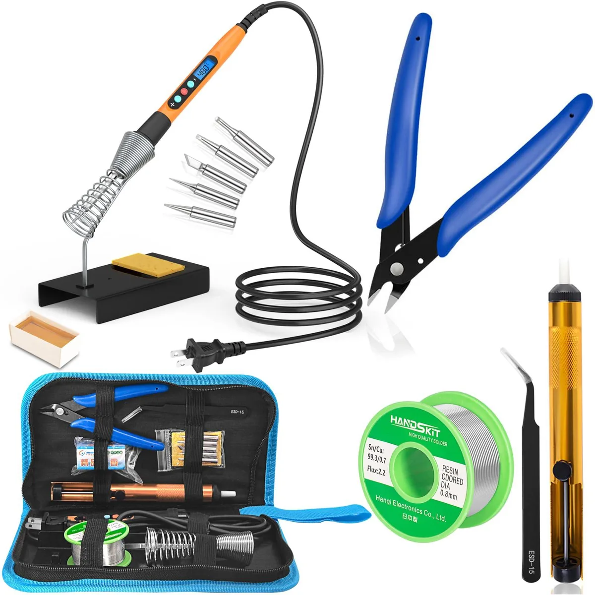 A 90W digital soldering iron with LCD screen, stand, five tips, wire cutter, tweezers, desoldering pump