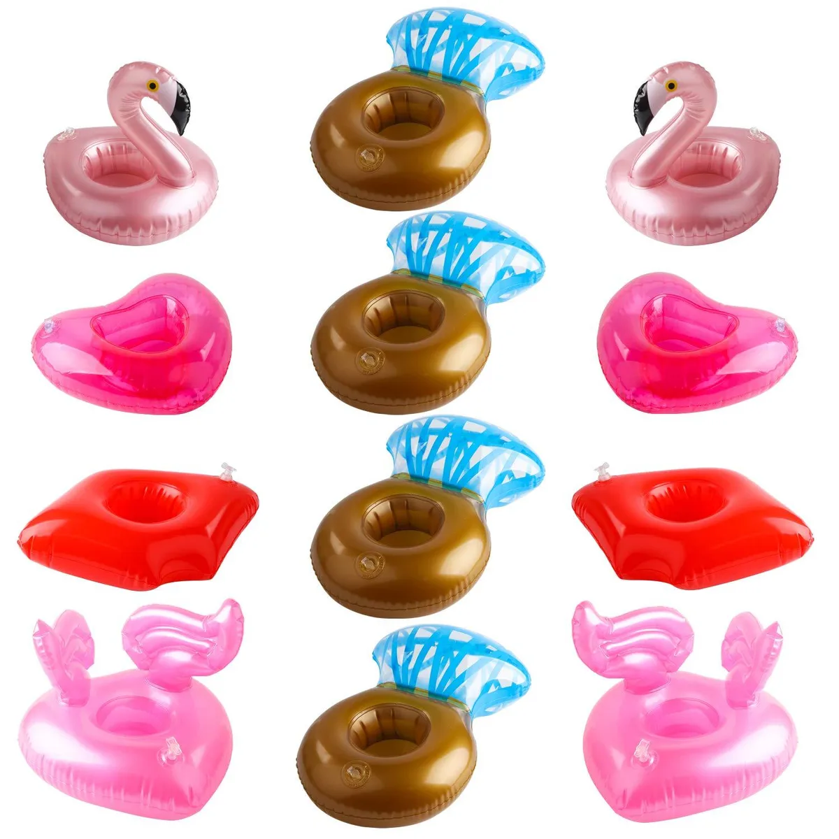 Twelve inflatable PVC drink holders in diamond, heart, flamingo and lip shapes floating on water