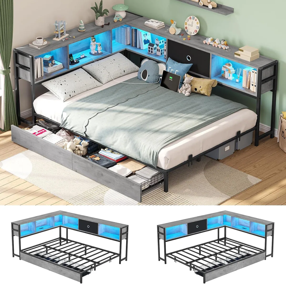 BFKK BFKK Full Corner Bed Frame with Storage Drawers Bookcase Headboard LED Lights Charging Station Black Gray — product photo