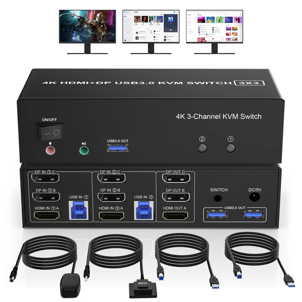 Vszerda Vszerda DKM203B-USB3.0-CZY KVM Switch HDMI + 2 DisplayPort 3 Monitor 4K 60Hz 2 Computer — product photo