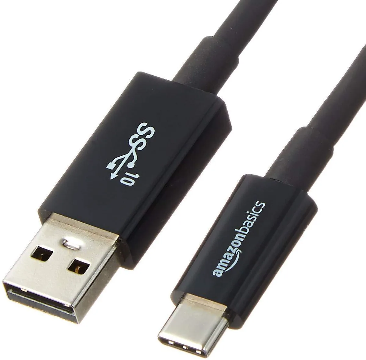 Black USB-C to USB-A cable, three feet long, male-to-male connectors, matte finish