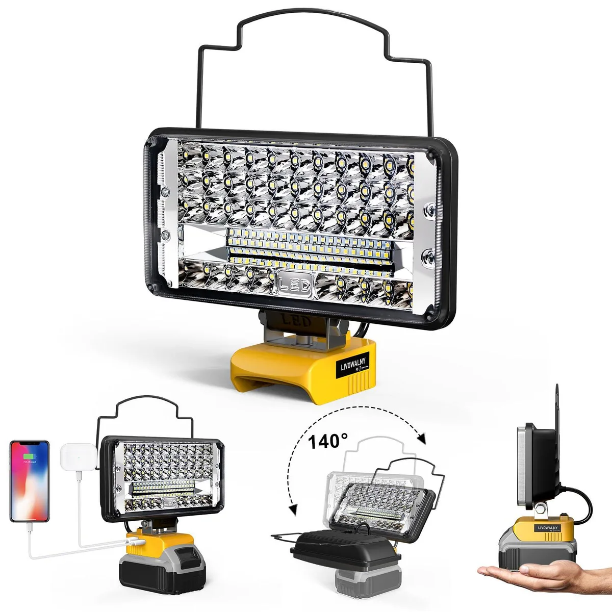 Black rectangular LED work light with pivoting head and USB ports