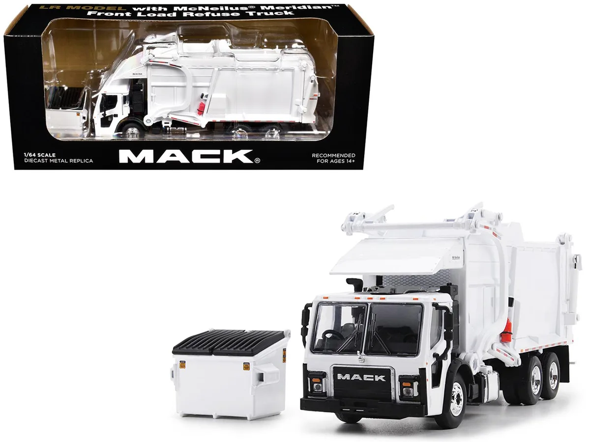First Gear First Gear Mack LR Refuse Truck McNeilus Meridian Front Loader White 1/64 Diecast with Trash Bin — product photo