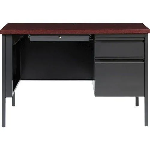Steel desk with right pedestal, mahogany laminate finish, 45 by 24 by 29 inches