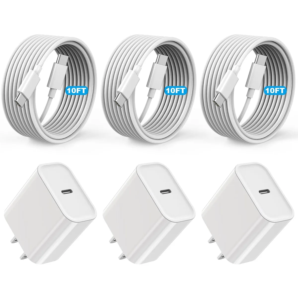 Three white USB-C wall chargers and three matching ten-foot USB-C to USB-C cables