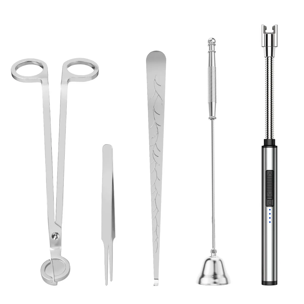 Stainless steel candle care kit with arc lighter, trimmer, snuffer, dipper and tweezers in velvet bag
