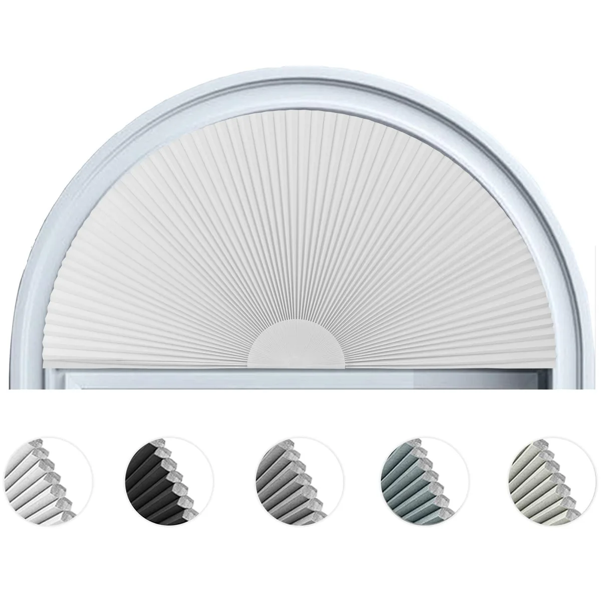 White cordless honeycomb shade in half-circle arch, 36 by 18 inches