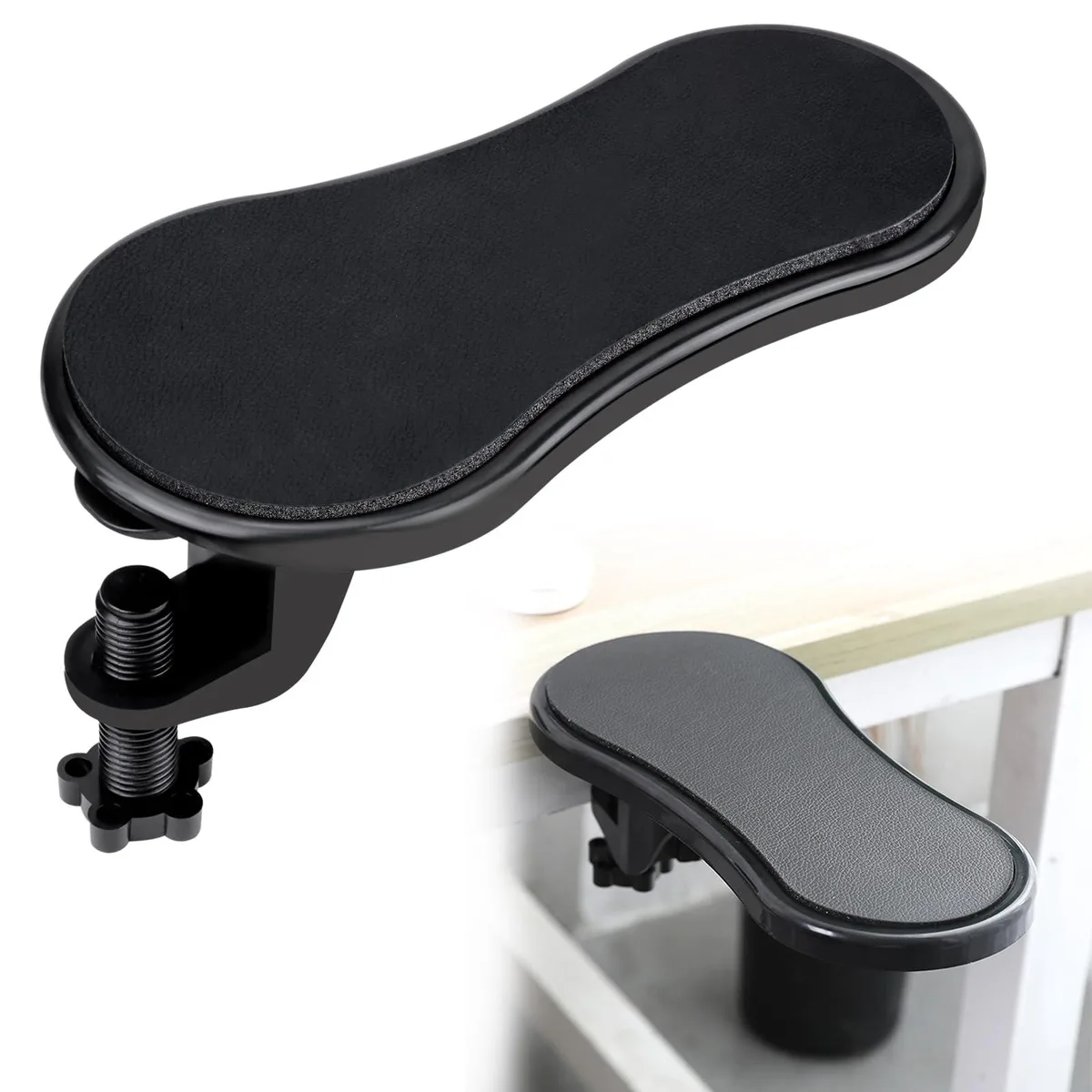 Black ergonomic arm rest extender with PU leather pad and ABS base, 29×14cm, 180° rotation