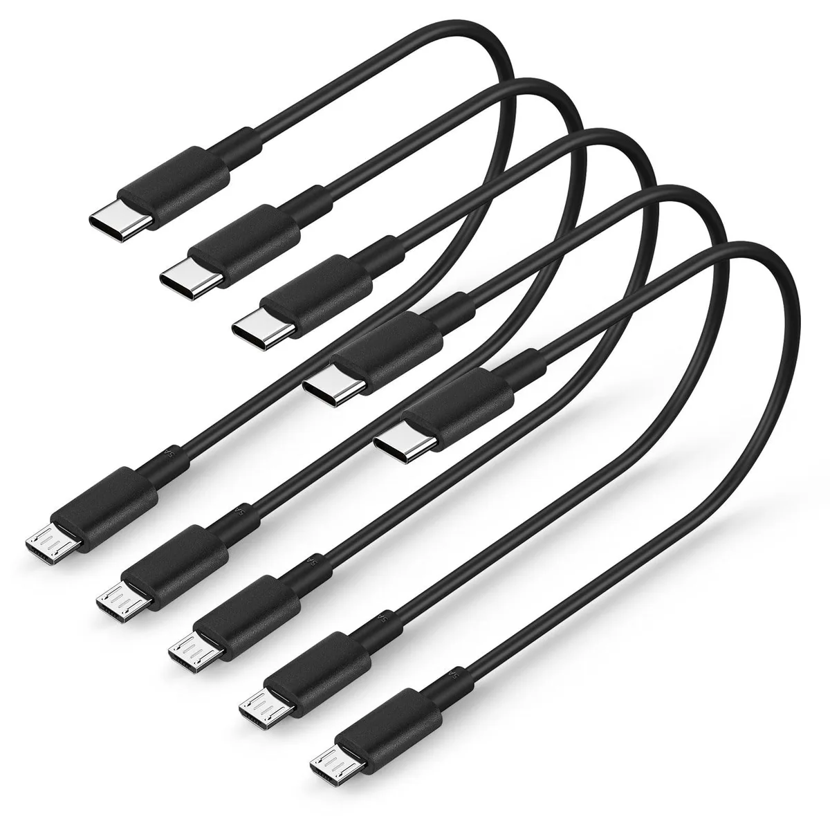 Five short black USB-C to Micro USB cables coiled together