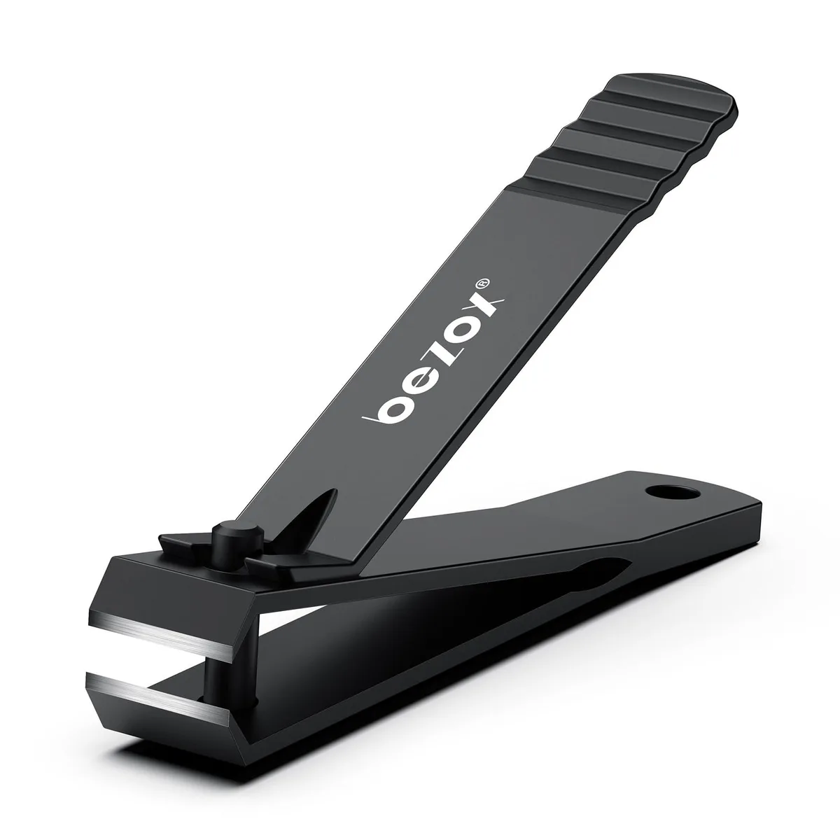 Black stainless steel nail clipper with straight edge and ergonomic handle