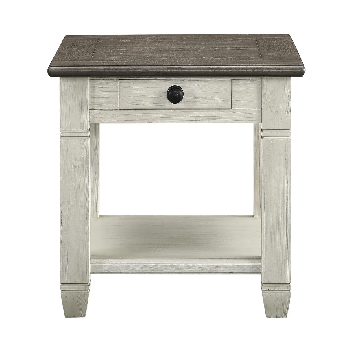 Rosy brown and antique white wooden end table with drawer and lower shelf