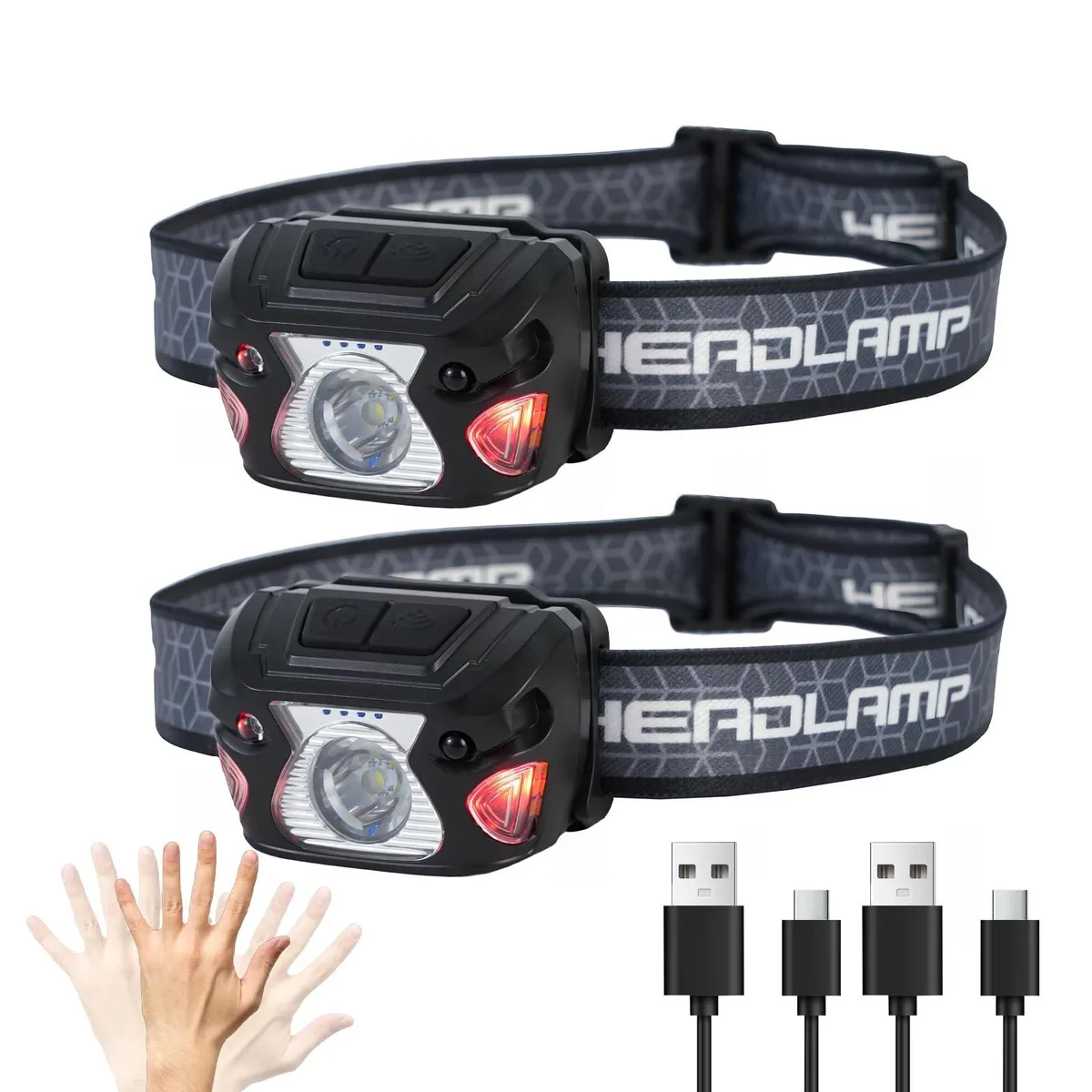 Two black headlamps with adjustable straps and 45° tilt heads